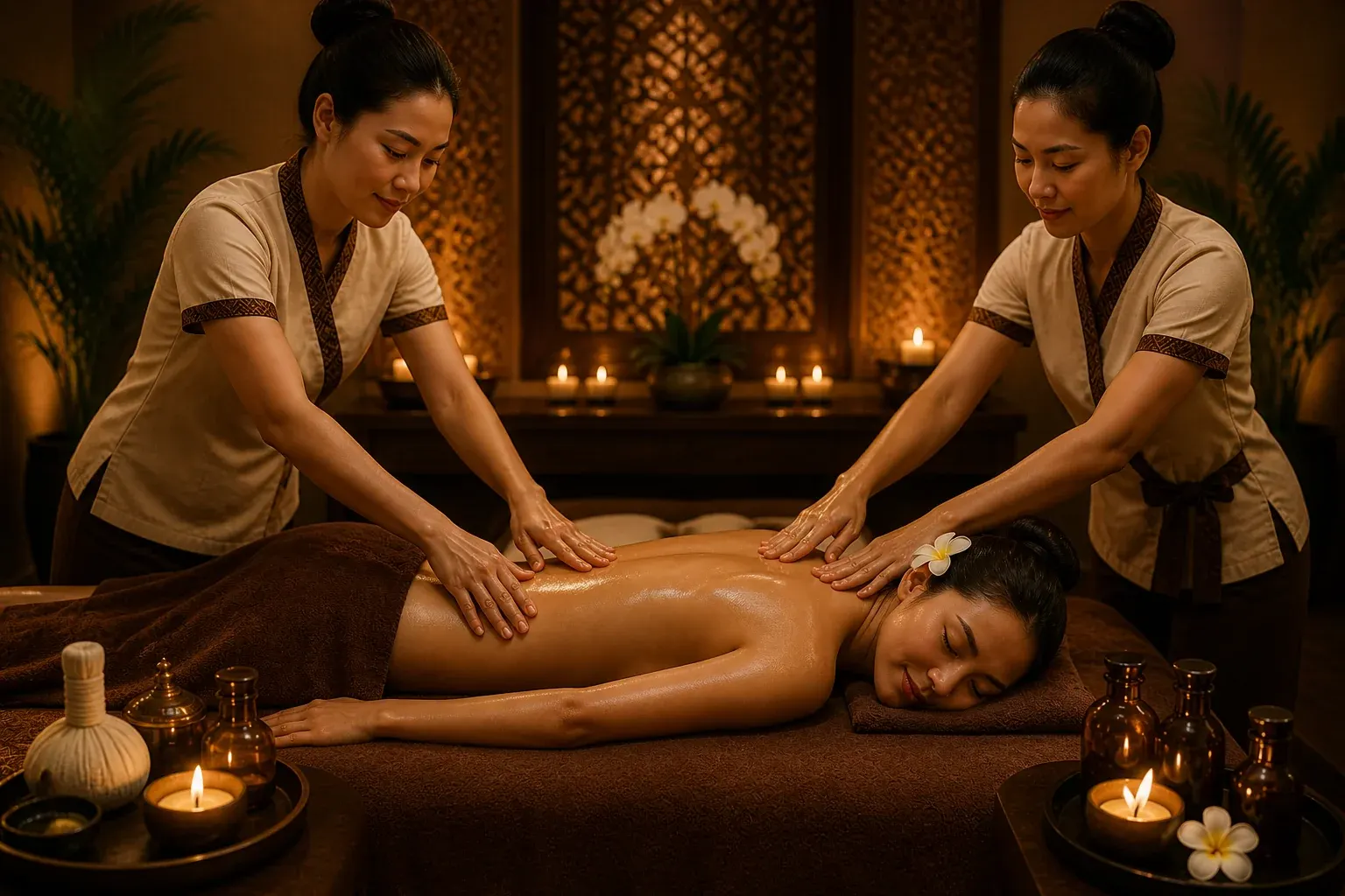 Two therapists performing a synchronised four hand massage at home in Dubai
