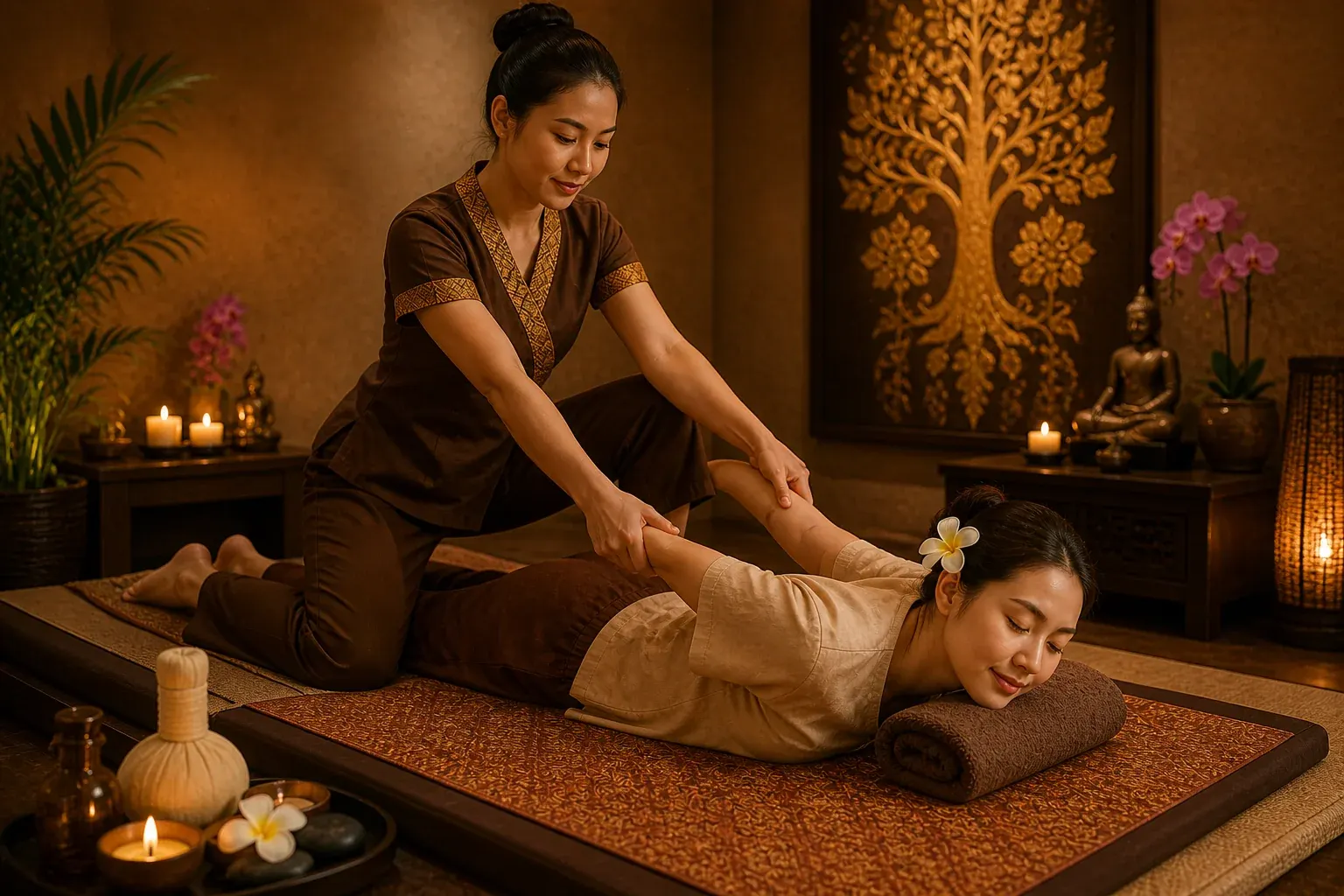 Therapist performing an authentic Thai massage at a home in Dubai